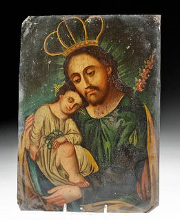 Antique Mexican Tin Retablo - St. Joseph & Christ Child