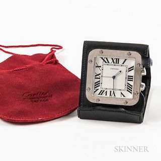 Cartier Stainless Steel and Leather Alarm Travel Clock