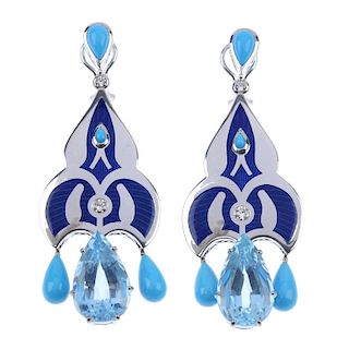 A set of aquamarine, diamond, turquoise and enamel jewellery. The earrings each designed as a blue g
