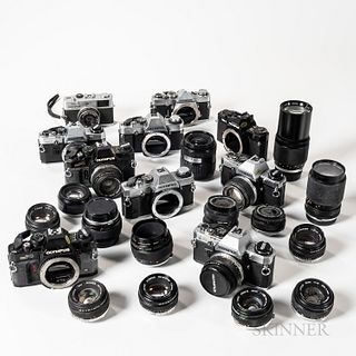 Group of 35mm Olympus Cameras and Lenses.