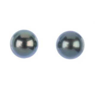 A pair of cultured pearl ear studs. Each designed as a grey cultured pearl, measuring 10.7 and 10.8m