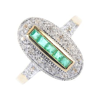 An 18ct gold emerald and diamond ring. The square-shape emerald line, within a channel-setting, to t