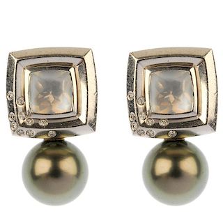 BOODLES - a pair of 18ct gold diamond and gem-set earrings. Each designed as a square-shape moonston