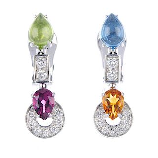 BULGARI- a pair of 'Allegra' diamond and gem-set ear pendants. Each designed with alternating topaz,