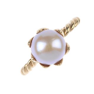 PANDORA - a 14ct gold cultured pearl ring. The cultured pearl, within a stylised petal setting, to t