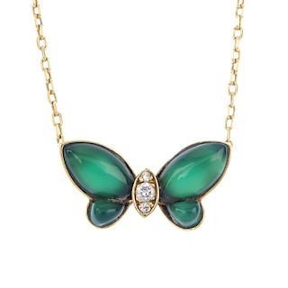 VAN CLEEF & ARPELS - a green hardstone and diamond butterfly necklace. The green agate cabochon butt