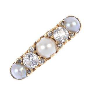 An early 20th century 18ct gold split pearl and diamond five-stone ring. The alternating split pearl