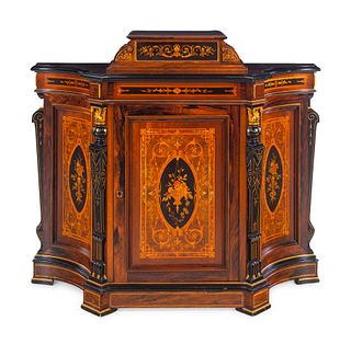 A Victorian Parcel Gilt, Ebonized and Inlaid Rosewood Parlor Cabinet 