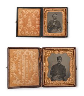 Two Seated Soldier Cased Tintypes with Gilt Embellishment
