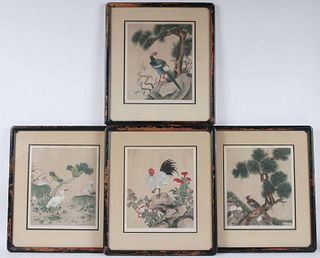 Four Chinese Watercolors on Fabric of Birds