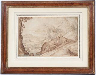 Pen, Ink & Wash Mountainous Landscape with Bridge