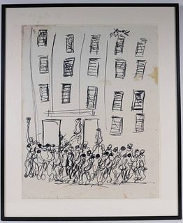 Purvis Young, Ink on Paper, Figures near Building