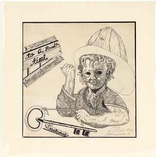 Dick Prisk, Pen and Ink, Boy with Fire Helmet 