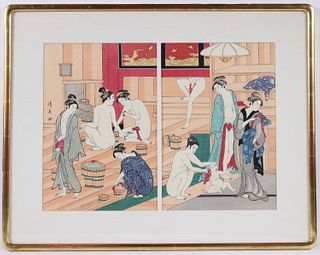 Japanese Woodblock Print Kiyonaga, Female Bathers