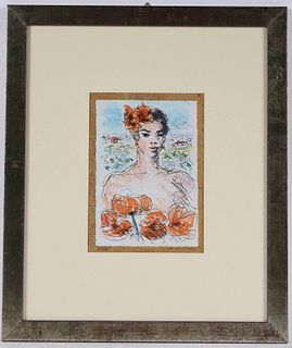 Michele Cascella, Lithograph, Woman with Flowers