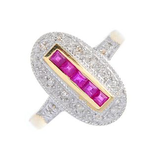 An 18ct gold ruby and diamond ring. The square-shape ruby line, within a channel setting, to the pav
