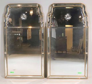 Pair of Queen Anne Style Etched Giltwood Mirrors