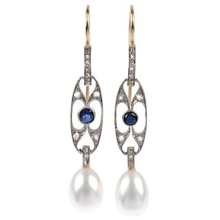 A pair of diamond and gem-set ear pendants. Each designed as a drop-shape cultured pearl, suspended