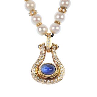 A sapphire, diamond and cultured pearl necklace. The oval sapphire cabochon collet and pave-set diam