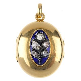 A late 19th century 18ct gold diamond and enamel locket. The rose-cut diamond floral motif, atop a m