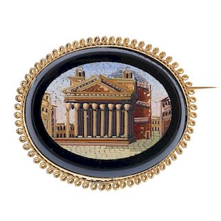 A late 19th century micro mosaic brooch. Of oval outline, the mosaic depicting the pantheon, within
