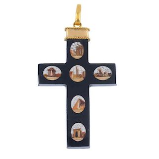 A late 19th century gold micro mosaic cross pendant. The black glass cross, with various micro mosai