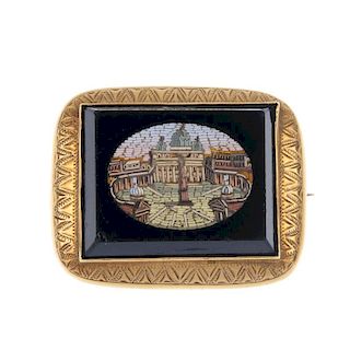 A late 19th century gold micro mosaic brooch. Of rectangular outline, the mosaic depicting St. Peter