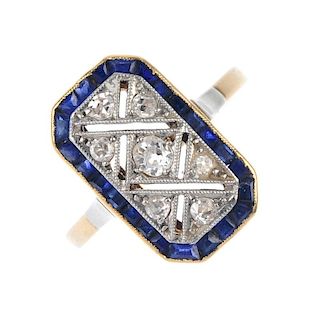 A mid 20th century gold diamond and sapphire dress ring. The old-cut diamond rectangular panel, with