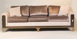Modern Grey Velvet Upholstered and Bronze Sofa
