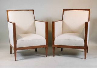 Pair of Vintage Grey-Upholstered Oak Club Chairs