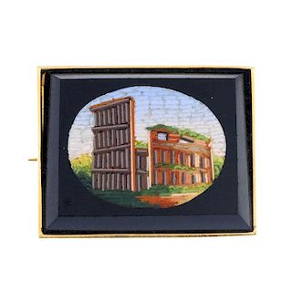 A micro mosaic brooch. Of rectangular outline, the mosaic depicting the Coliseum, to the plain surro