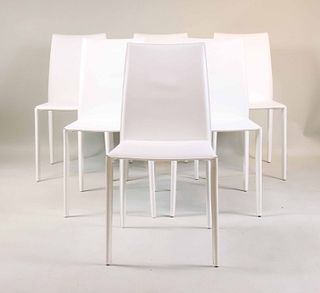 Six White Leather Dining Chairs