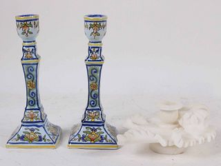 Pair of French Faience Candlesticks