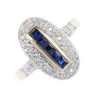 An 18ct gold sapphire and diamond ring. The square-shape sapphire line, within a channel setting, to
