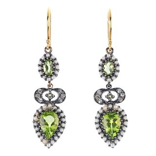A pair of peridot, seed pearl and diamond ear pendants. Each designed as a pear-shape peridot within