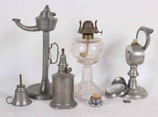 Group of Pewter and Glass Lighting Devices