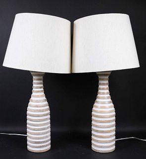 Pair of White-Painted Carved Wood Table Lamps