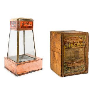 A Dwinell-Wright Co. Coffee Advertising Box, along with a Copper and Brass Colonial Coffee and Lily of the Valley Canned Goods Counter Top Vitrine Dis