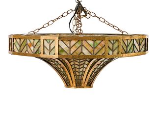 A Tiffany Style Brass and Colored Glass Hanging Light Fixture