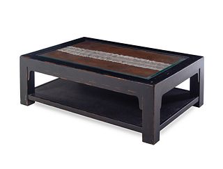 A Chinese Style Black Lacquer Low Table with Rattan and a Python-Skin Inset Top 