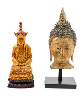 A Thai Gilded Carved Wood Buddha Head 