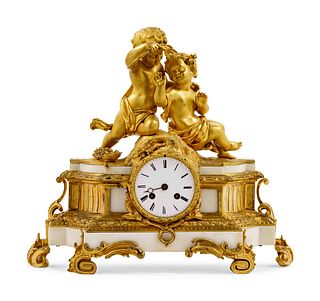 A Louis XV Style Gilt Bronze Mounted White Marble Figural Mantel Clock