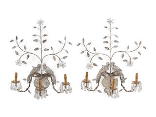 A Pair of Silvered Wood and Rock Crystal Three-Light Sconces, in the Style of Maison Bagues 