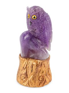 A Carved Amethyst Owl on a Carved Giltwood Base