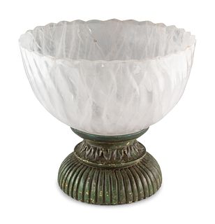A Large Fluted Rock Crystal Bowl on a Painted Wood Stand 
