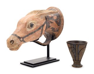 A Red-Figured Mule Head Rhyton after the Antique and a Minoan Style Bronze Goblet