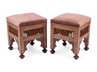 A Pair of Middle Eastern Mosaic Marquetry Stools