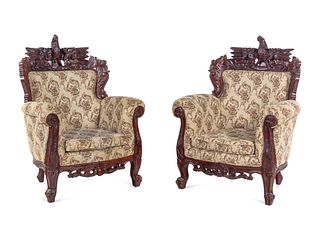 A Pair of Anglo-Colonial Style Carved Mahogany Armchairs
