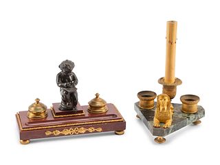 Two Marble and Bronze Inkwells