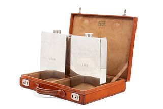 A Leather-Cased Set of Silver-Plate Flasks Retailed by Abercrombie & Fitch